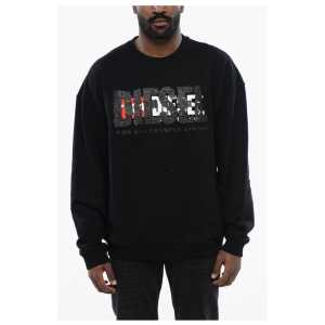 Diesel Solid Color S-NABEL-M Crew-neck Sweatshirt with Cracked Effe