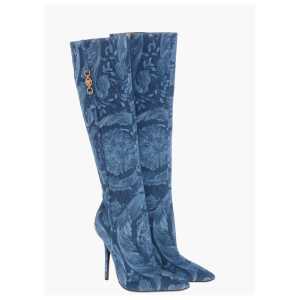 Versace Denim LA GRECA Under the Knee Boots with Stiletto Heel 11cm