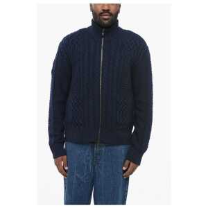 Versace Virgin Wool Zip-up Pullover with Cable Knit Design