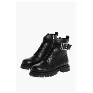 Balmain Leather Combat Booties with Ankle Strap and Logoed Buckle