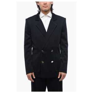 Balmain Double-breasted Monogram Fabric Blazer with Logoed Buttons