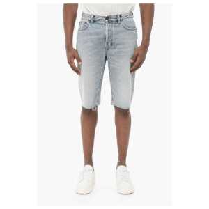 Saint Laurent Light Wash Denim Shorts with Fringed Bottom