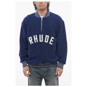 Rhude Terry-Cotton Varsity Sweatshirt with Half Zip