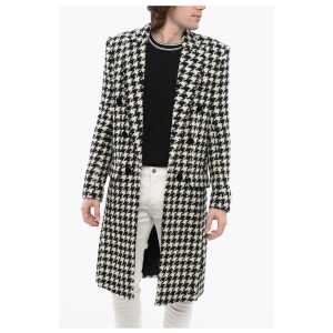 Balmain Houndstooth Patterned Tweed Coat with Velour Buttons
