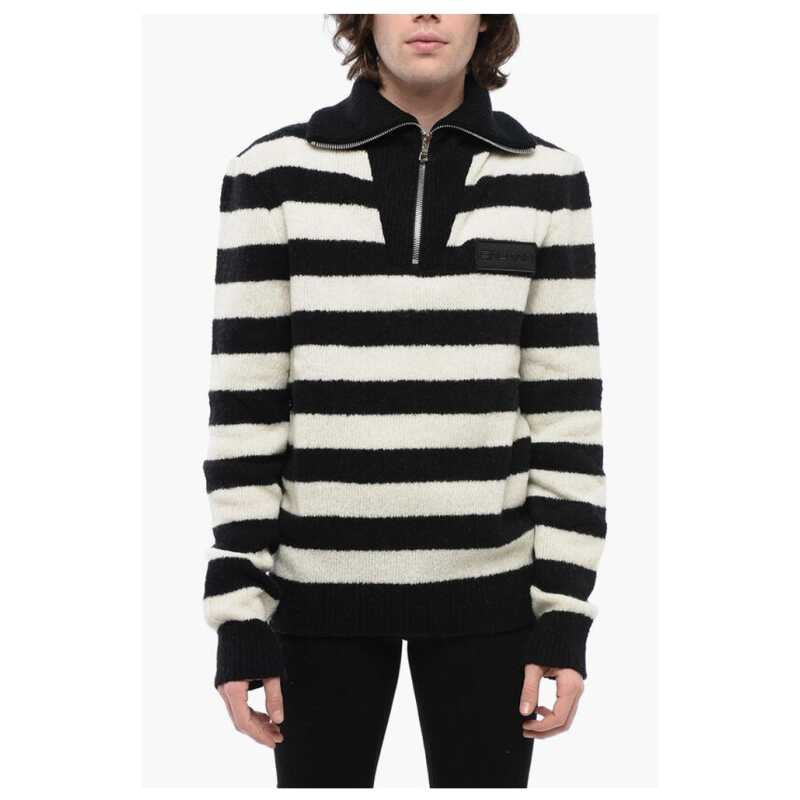 Balmain Mock Neck Awning Striped Sweater with Half Zip, theFeinheit