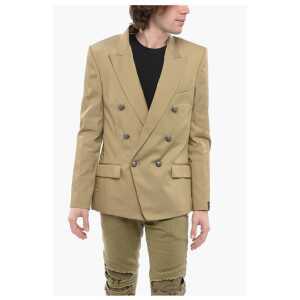 Balmain Double-breasted Cotton Blend Unlined Blazer with Logoed Butt
