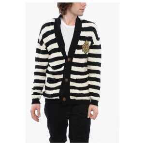 Balmain Awning Striped Cotton Cardigan with Embroidered Emblem