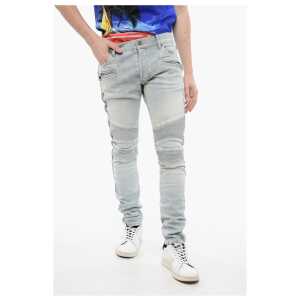 Balmain Light Wash Biker Denims with Side Ribbed Details 15cm