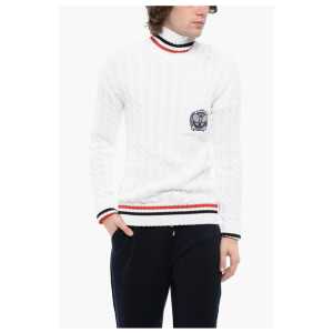 Balmain Turtleneck Cable Knit Cotton Sweater with Embroidered Emblem