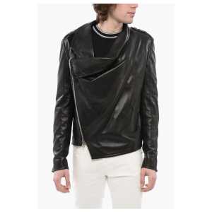 Balmain Front Draped Leather Jacket with Decentralized ZIp