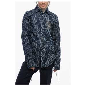 Ludovic de Saint Sernin Monogram Denim Shirt with Lace-up Cuffs