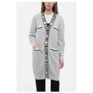 Karl Lagerfeld Boucle' Fabric FEMININE Cardigan with Logoed Bands