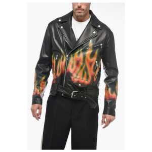 Palm Angels Leather BURNING Biker Jacket with Flames Motif