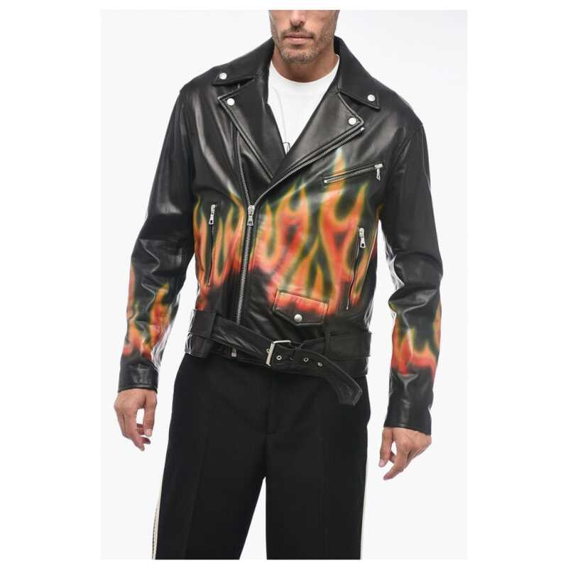 Palm Angels Leather BURNING Biker Jacket with Flames Motif, theFeinheit