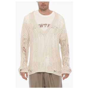 Distressed Effect Perforated V-Neck Sweater