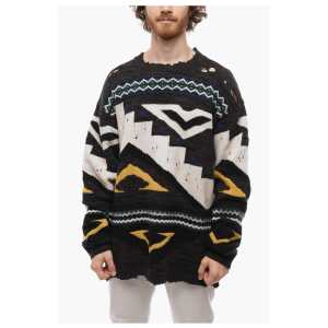 Distressed Jacquard Cashmere Blend Pullover with Crew Neck