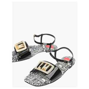 Moschino LOVE Patent Leather Flat Sandals with Logoed Jewel Detail