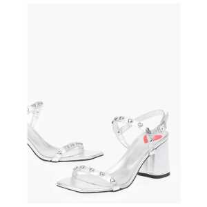 Moschino LOVE Laminated Leather Chunky Heel Sandals with Studs