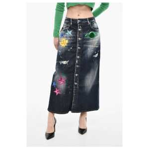 Dsquared² Denim Maxi Skirt With Metallic Leather Patches