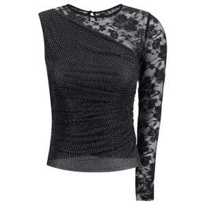 Self-Portrait One-shoulder lace and rhinestone Top