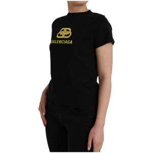 Balenciaga Black Cotton Logo Print Crew Neck Short Sleeves T Shirt
