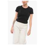 Blumarine Ribbed Crop T Shirt With Rhinestoned Logo