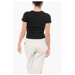 Blumarine Ribbed Crop T Shirt With Rhinestoned Logo 2
