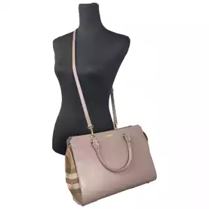 Burberry Small Banwell Leather Tote Bag Purse Grey Mink 2