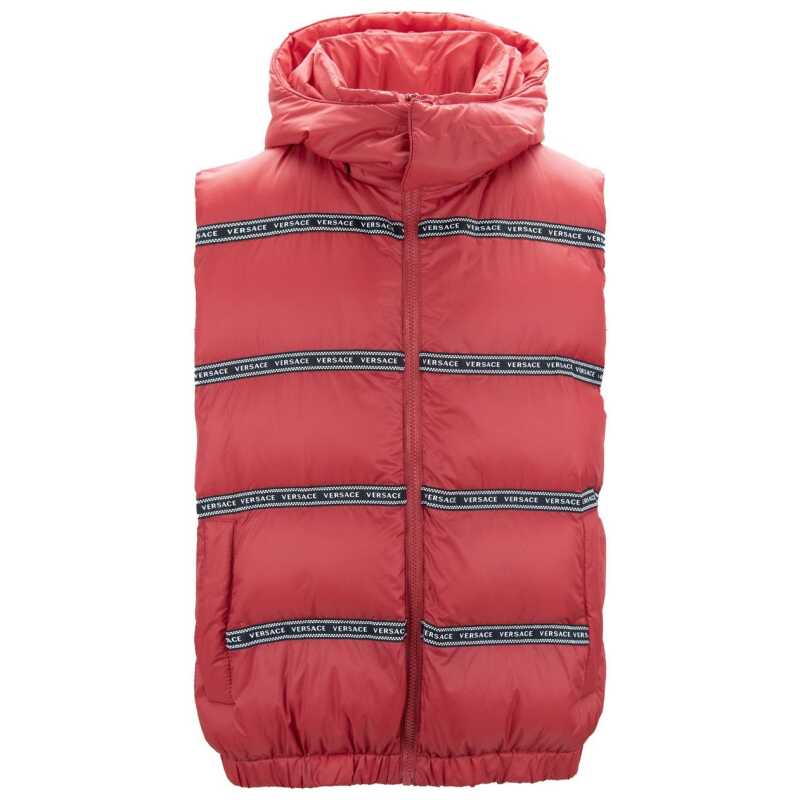 Elegant Red Versace Logo Vest with Detachable Hood, theFeinheit