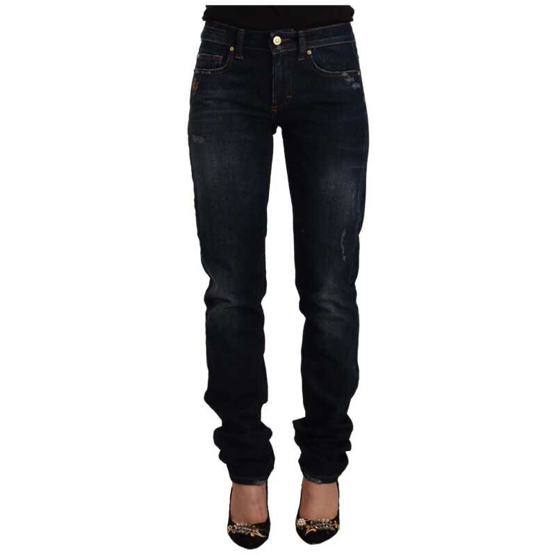GF Ferre Dark Blue Washed Mid Waist Cotton Denim Skinny Jeans, theFeinheit