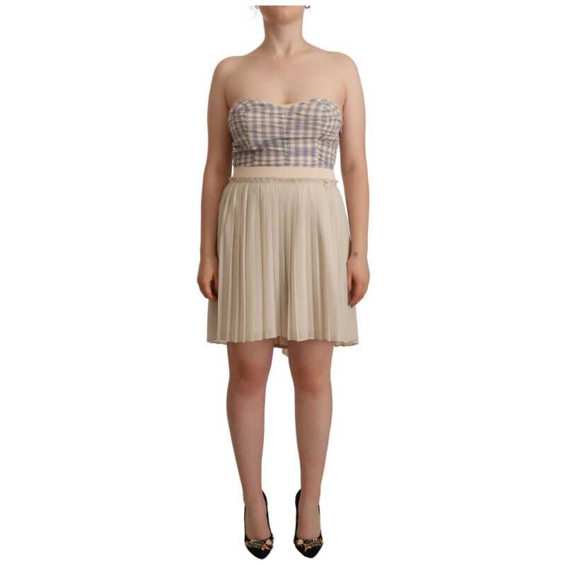 Guess Beige Checkered Pleated A-line Strapless Bustier Dress, theFeinheit