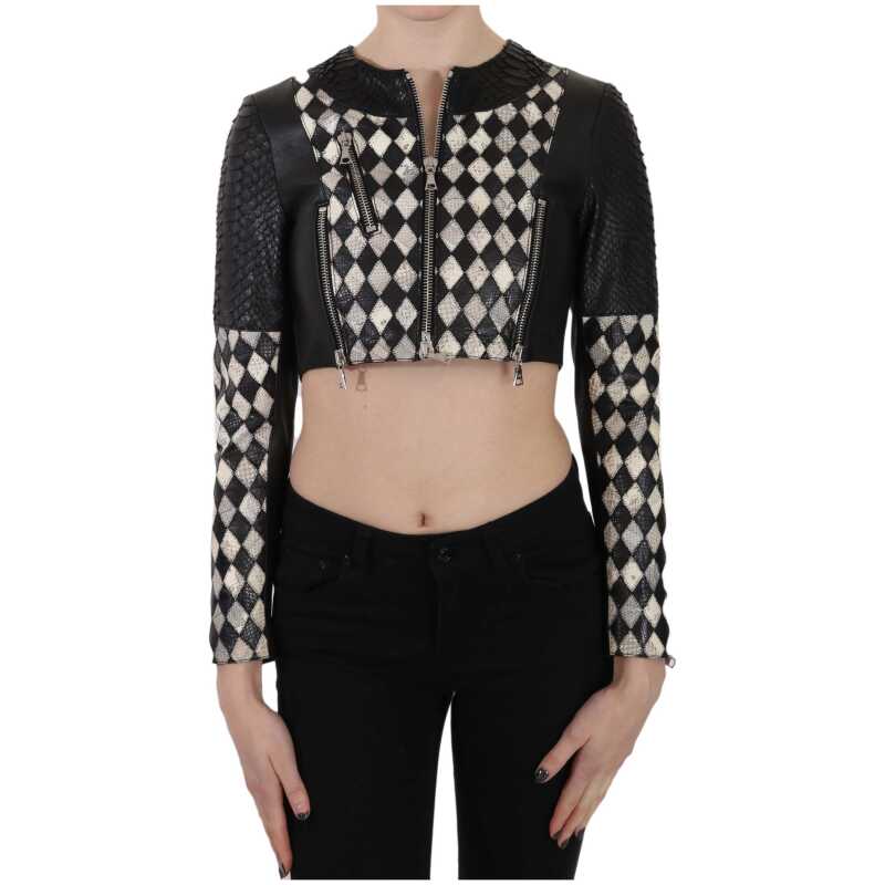 John Richmond Black White Leather Short Cropped Biker Jacket Coat, theFeinheit