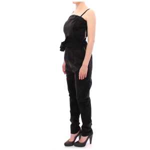 La Maison Du Couturier Elegant Black Leather Jumpsuit With Waist Strap