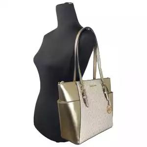 Michael Kors Charlotte Large Leather Top Zip Tote Bag Purse Gold 2