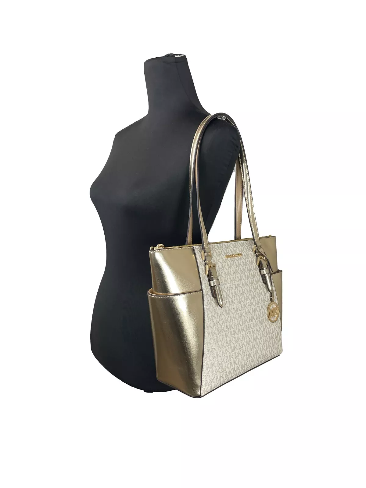 Michael Kors Charlotte Large Leather Top Zip Tote Bag Purse Gold 2