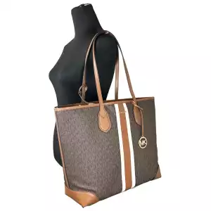 Michael Kors Eva Large Stripe Travel Tote Bag Plus Pouch Brown 2