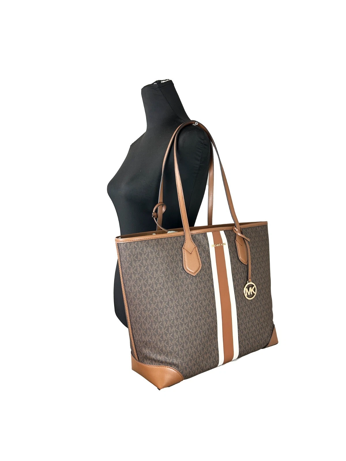 Michael Kors Eva Large Stripe Travel Tote Bag Plus Pouch Brown 2