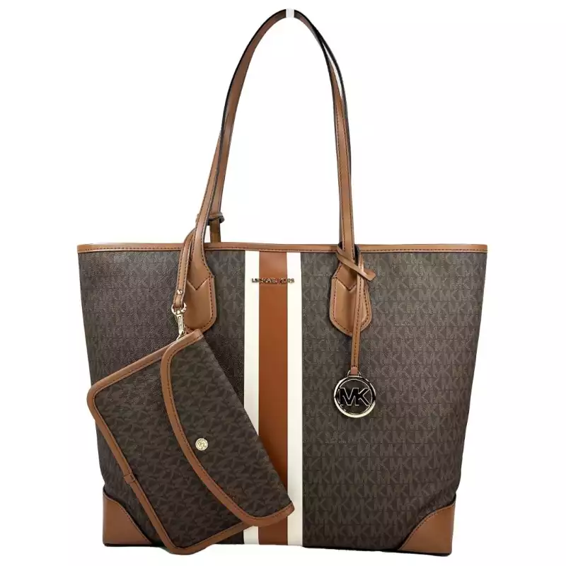 Michael Kors Eva Large Stripe Travel Tote Bag Plus Pouch Brown, theFeinheit