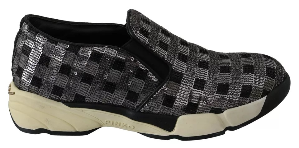 Pinko Silver Black Slip On Sequence Design Sneakers Shoes
