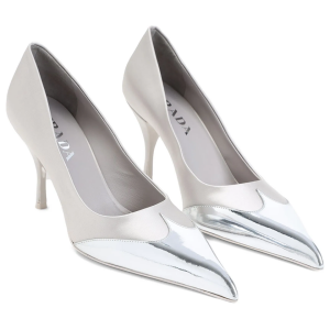 Prada Satin And Metallic Silver Leather Pumps 2
