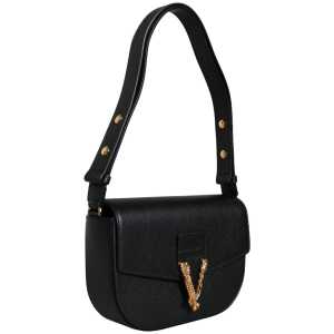 Versace Black Grainy Calf Leather Logo Crossbody Shoulder Bag
