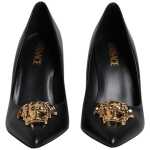 Versace Black Leather Logo Plaque High Heels Pumps Shoes