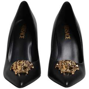 Versace Black Leather Logo Plaque High Heels Pumps Shoes