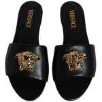 Versace Black Leather Logo Plaque Slip On Slides Flats Shoes 10
