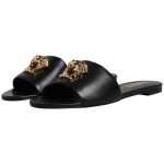 Versace Black Leather Logo Plaque Slip On Slides Flats Shoes 11