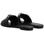 Versace Black Leather Logo Plaque Slip On Slides Flats Shoes 12