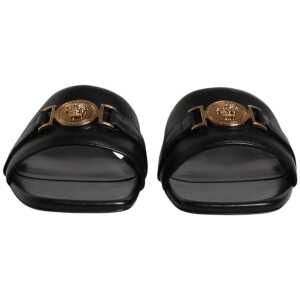 Versace Black Leather Logo Plaque Slip On Slides Flats Shoes