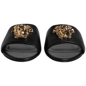 Versace Black Leather Logo Plaque Slip On Slides Flats Shoes 9
