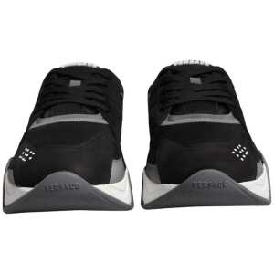 Versace Black Leather Neoprene Chunky Low Top Sneakers Squalo Shoes