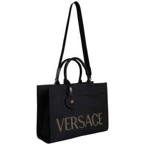 Versace Black Top Handle Canvas Leather Logo Crossbody Tote Bag